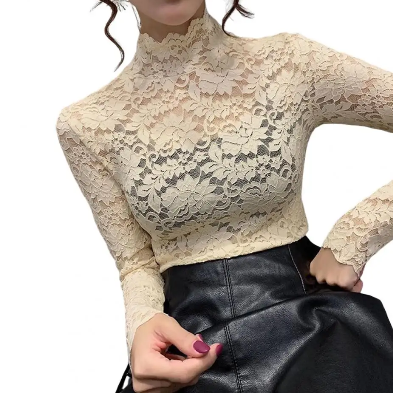 Lace Top with Long Sleeves Mock Neck and Floral Pattern for Going Out - Image 6