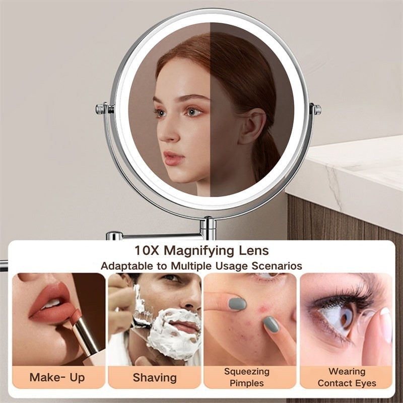 LED Wall-Mounted Vanity Mirror with 10x Magnification and Extendable Folding Arm - Image 2