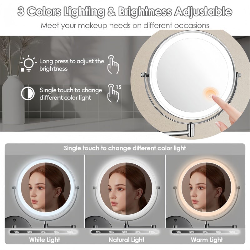 LED Wall-Mounted Vanity Mirror with 10x Magnification and Extendable Folding Arm - Image 3