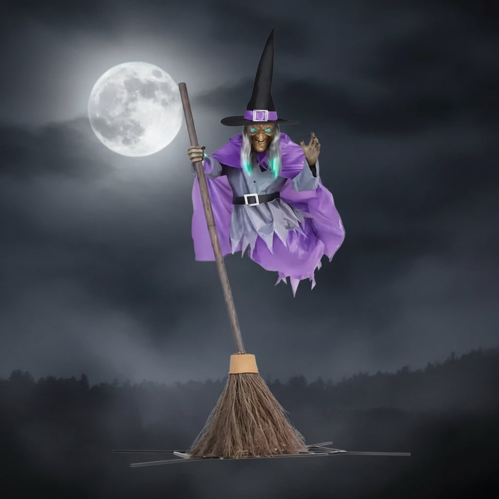 Life-Size Halloween Witch Decoration Prop with Glowing Eyes and Broomstick Stand for Outdoor Party - Image 1