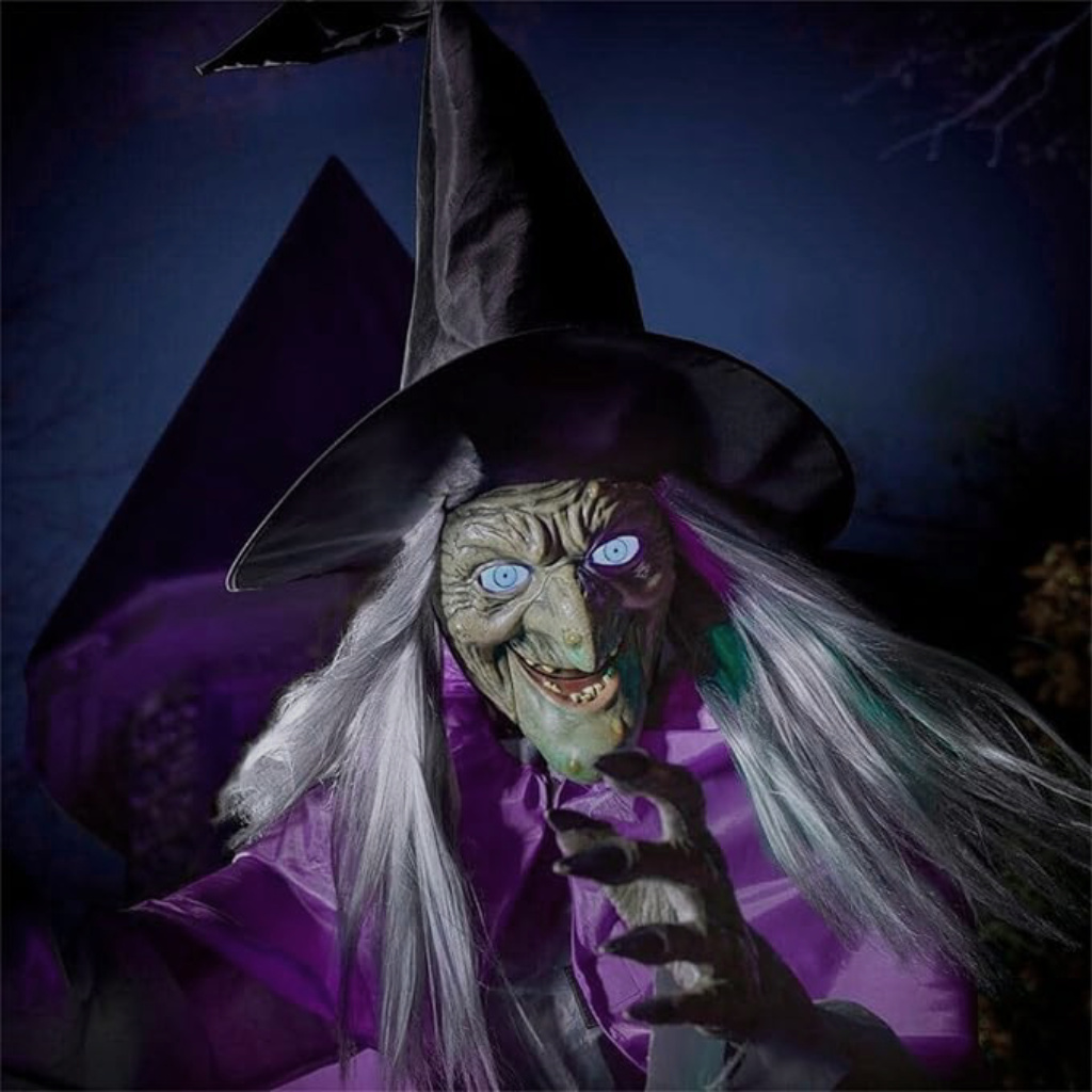 Life-Size Halloween Witch Decoration Prop with Glowing Eyes and Broomstick Stand for Outdoor Party - Image 2
