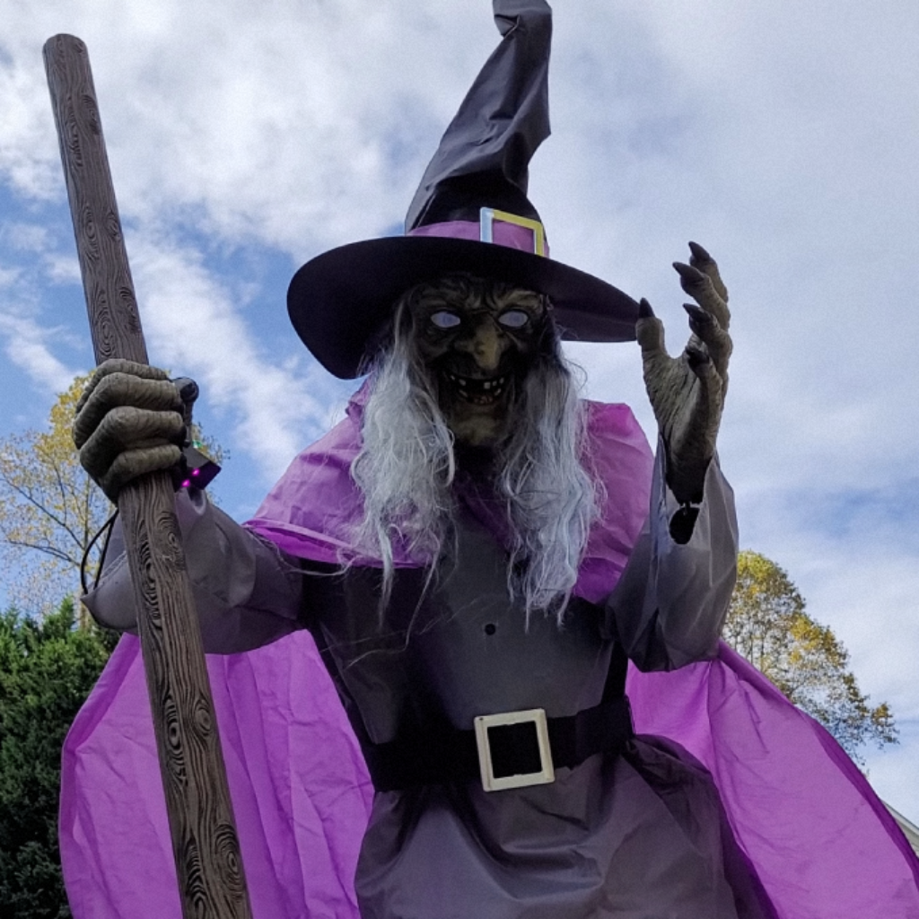 Life-Size Halloween Witch Decoration Prop with Glowing Eyes and Broomstick Stand for Outdoor Party - Image 3