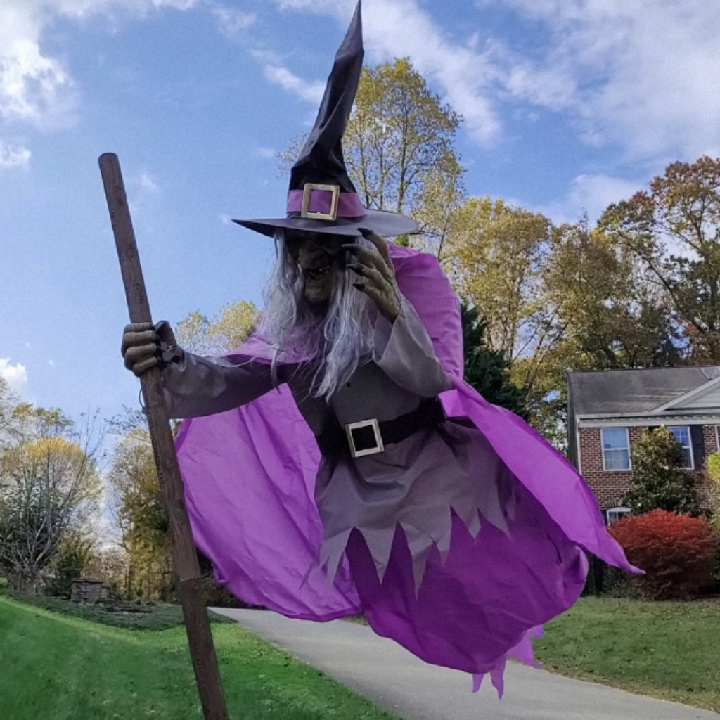 Life-Size Halloween Witch Decoration Prop with Glowing Eyes and Broomstick Stand for Outdoor Party - Image 4