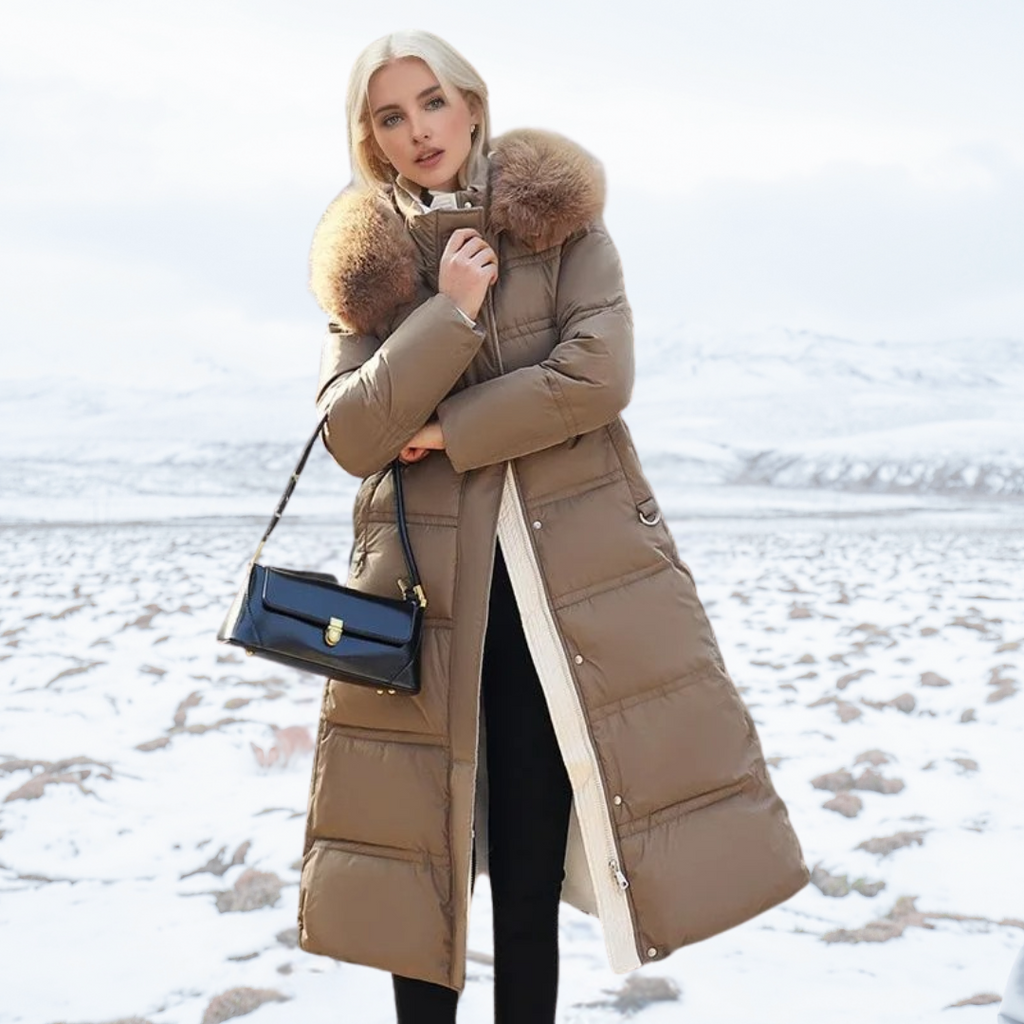 Long Faux Fur Puffer Coat with Quilted Design Fur-Trimmed Hood - Image 1