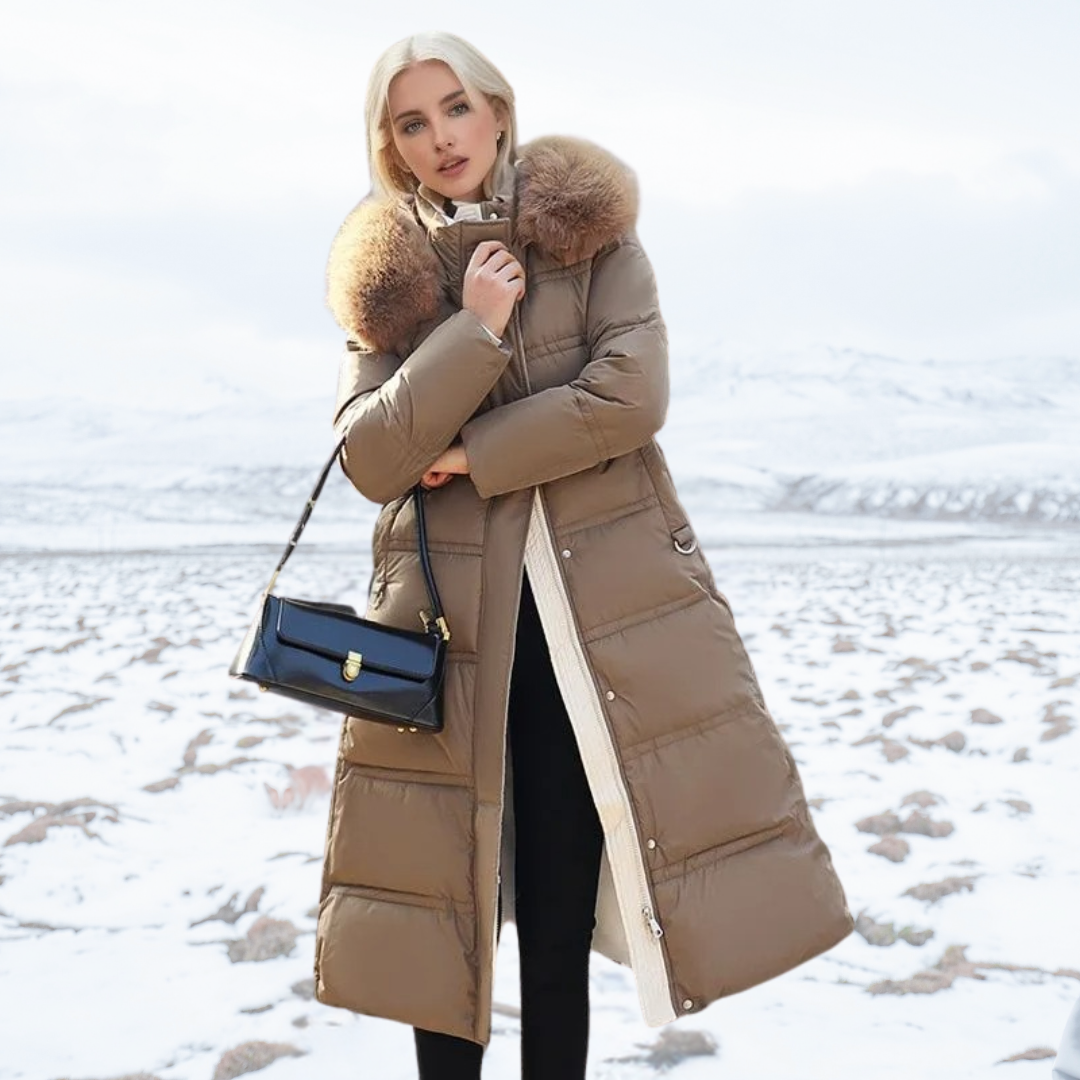 Long Faux Fur Puffer Coat with Quilted Design Fur-Trimmed Hood - Image 1