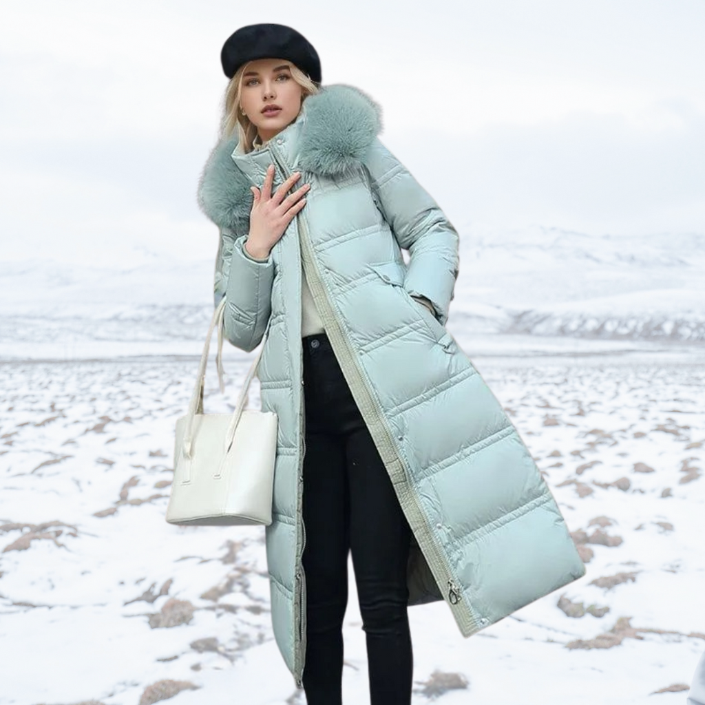 Long Faux Fur Puffer Coat with Quilted Design Fur-Trimmed Hood - Image 10