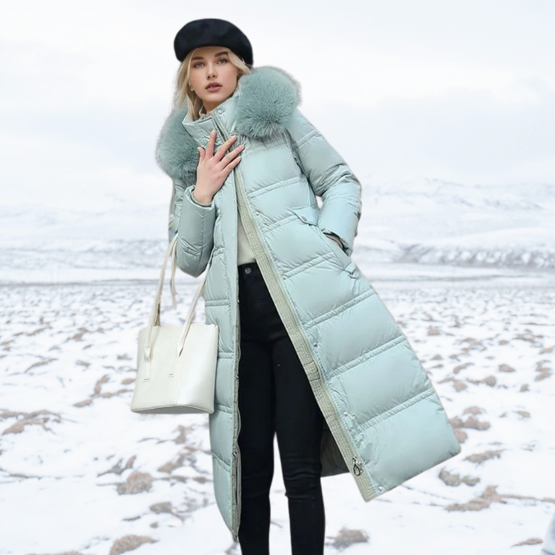 Long Faux Fur Puffer Coat with Quilted Design Fur-Trimmed Hood - Image 10