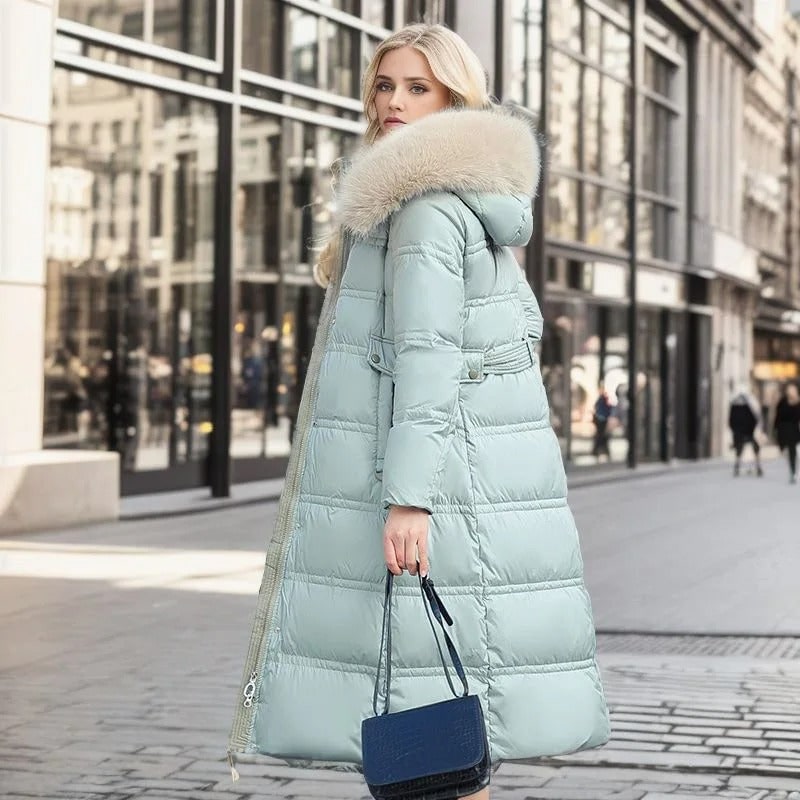 Long Faux Fur Puffer Coat with Quilted Design Fur-Trimmed Hood - Image 12