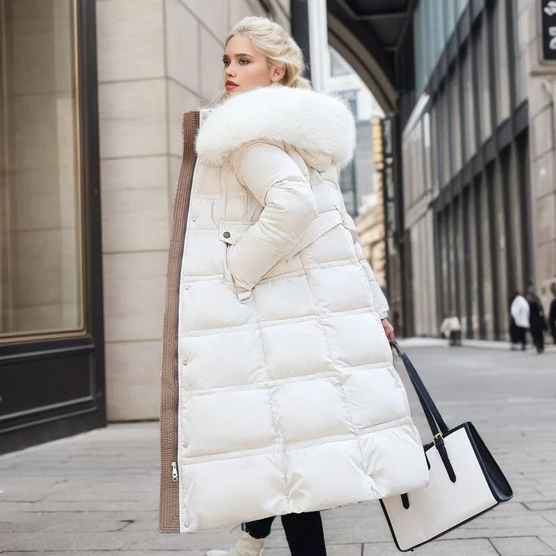 Long Faux Fur Puffer Coat with Quilted Design Fur-Trimmed Hood - Image 14