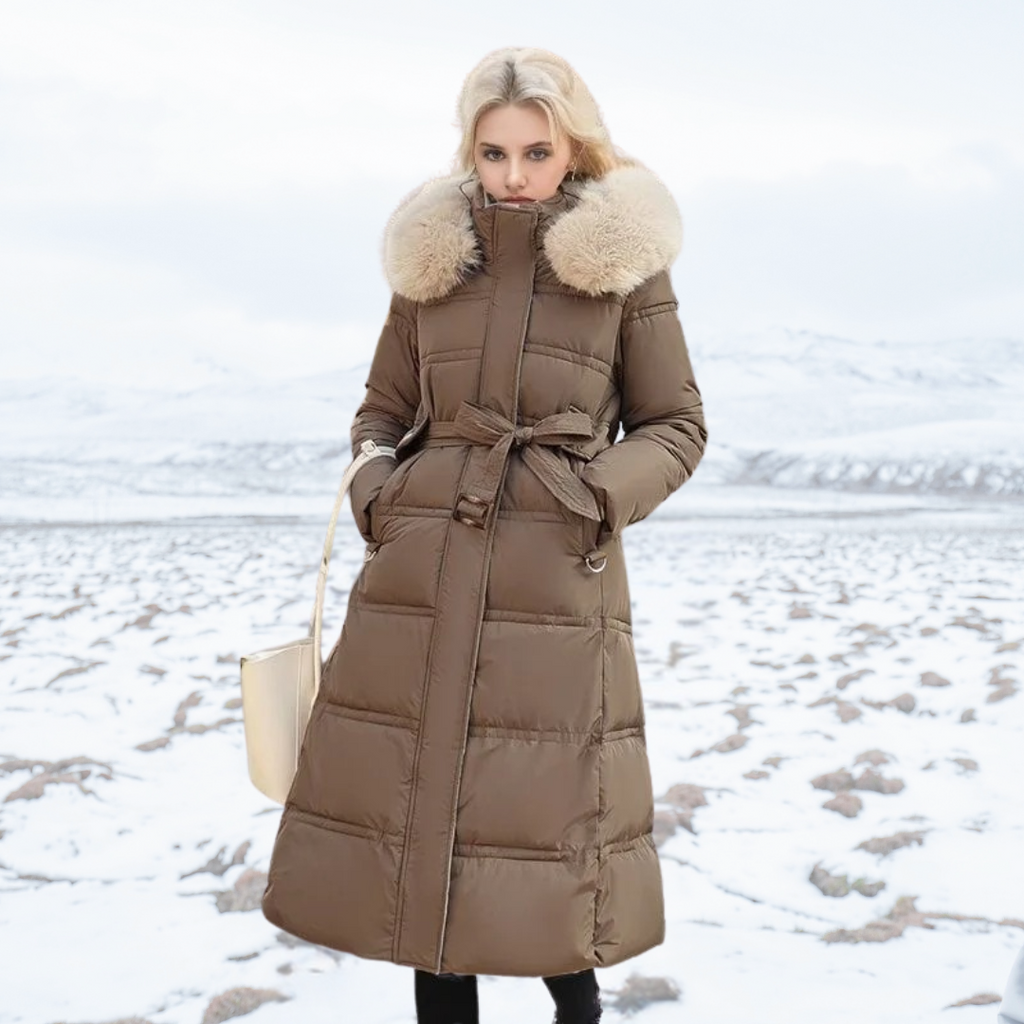 Long Faux Fur Puffer Coat with Quilted Design Fur-Trimmed Hood - Image 2