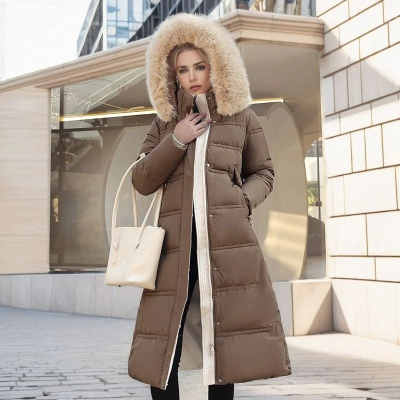Long Faux Fur Puffer Coat with Quilted Design Fur-Trimmed Hood - Image 3