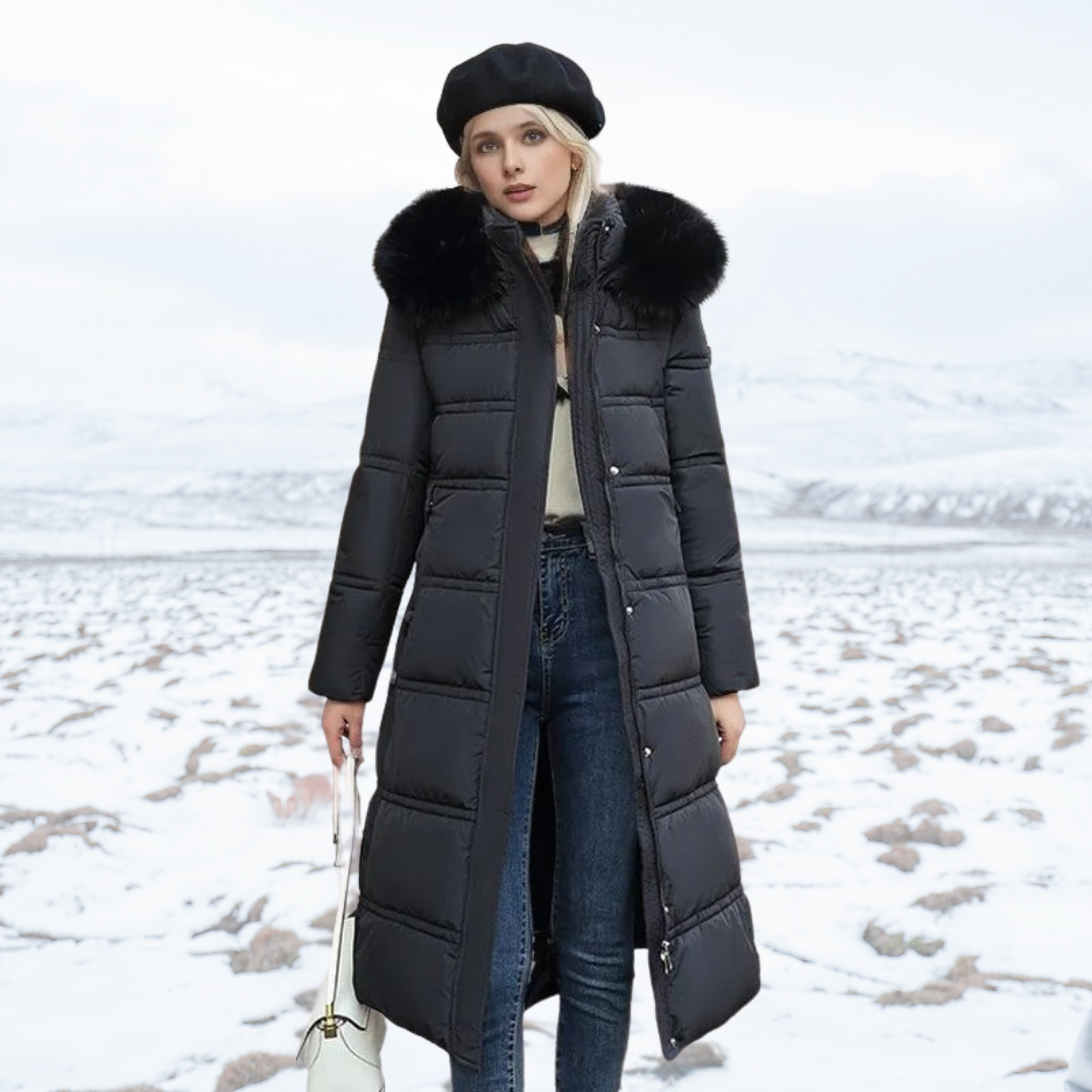 Long Faux Fur Puffer Coat with Quilted Design Fur-Trimmed Hood - Image 4