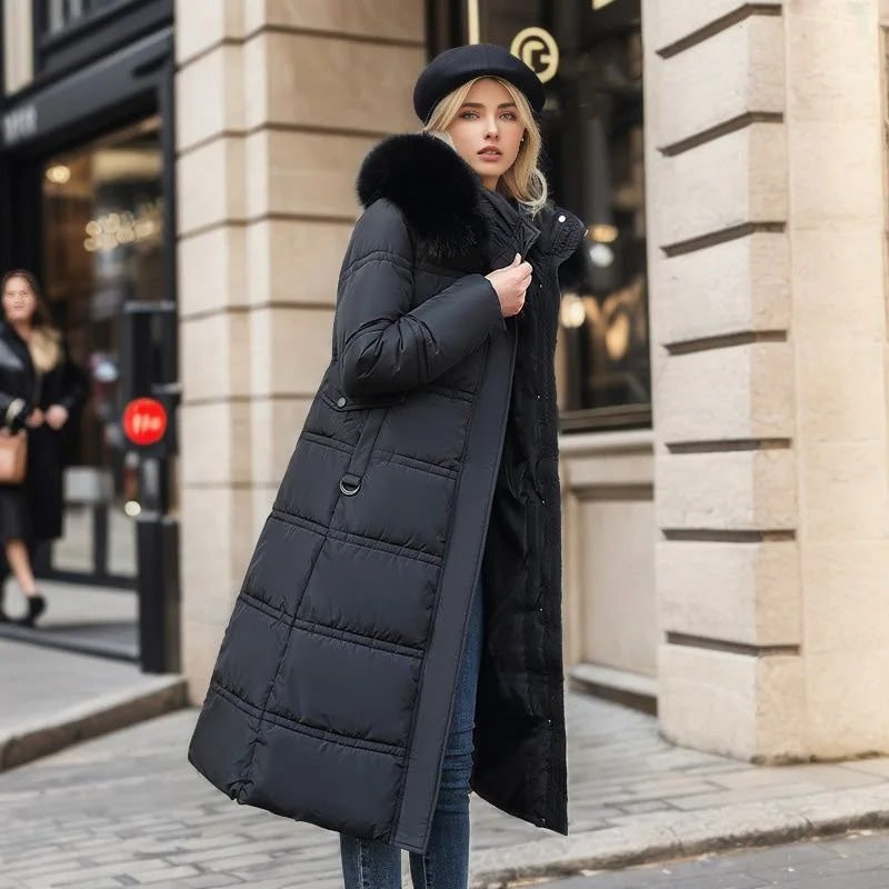 Long Faux Fur Puffer Coat with Quilted Design Fur-Trimmed Hood - Image 5