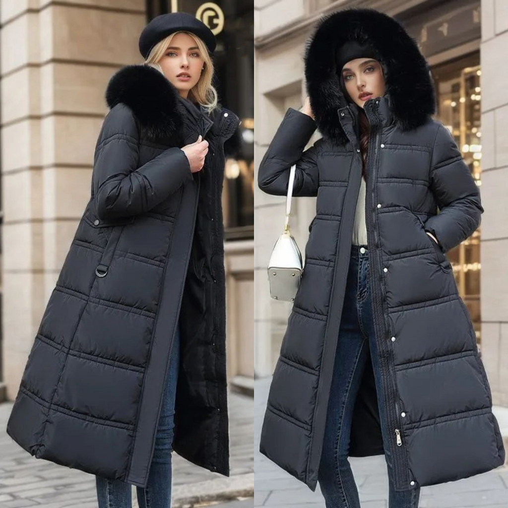 Long Faux Fur Puffer Coat with Quilted Design Fur-Trimmed Hood - Image 6