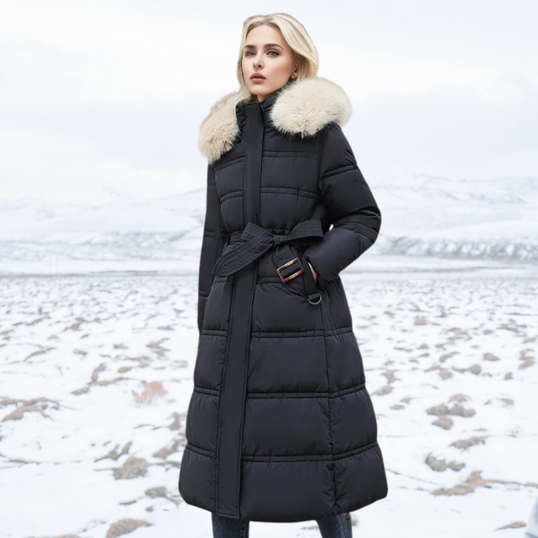 Long Faux Fur Puffer Coat with Quilted Design Fur-Trimmed Hood - Image 7