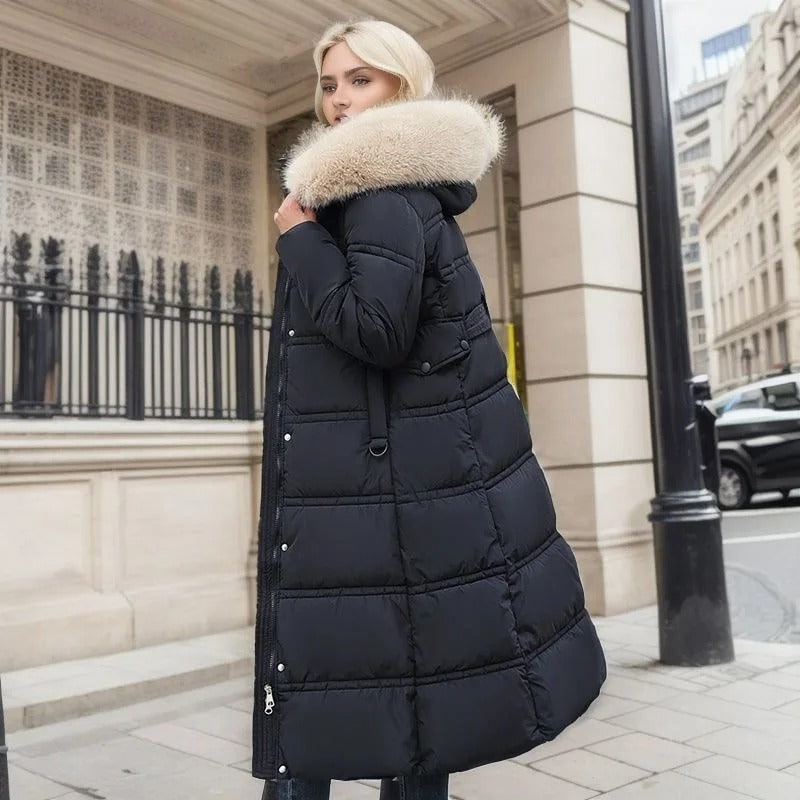 Long Faux Fur Puffer Coat with Quilted Design Fur-Trimmed Hood - Image 8