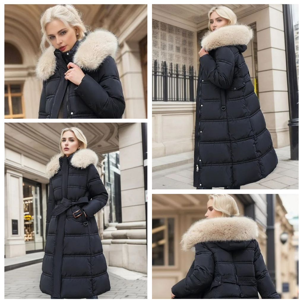 Long Faux Fur Puffer Coat with Quilted Design Fur-Trimmed Hood - Image 9