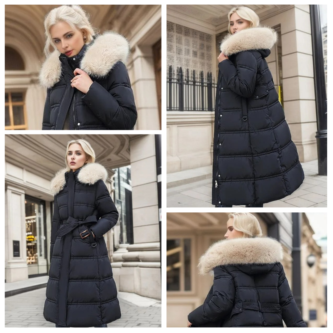 Long Faux Fur Puffer Coat with Quilted Design Fur-Trimmed Hood - Image 9