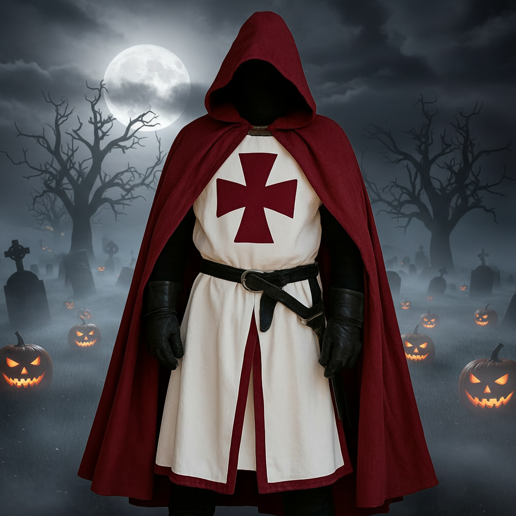 Medieval Knight Costume Tunic with Crusader Cross Print and Split Hem Panels - Image 1