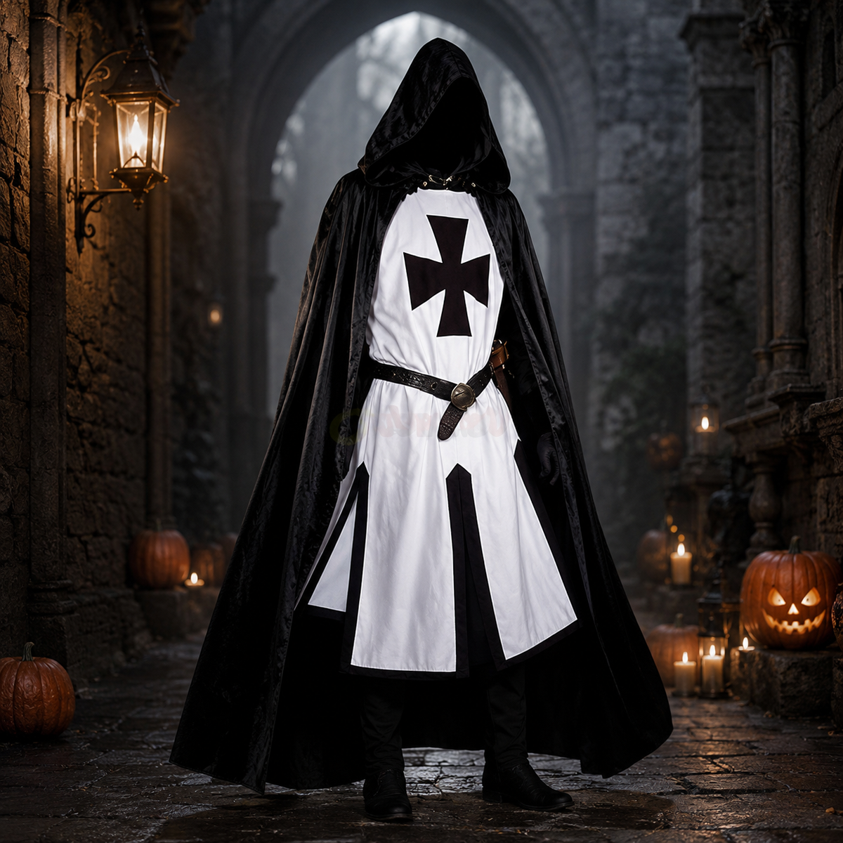 Medieval Knight Costume Tunic with Crusader Cross Print and Split Hem Panels - Image 10