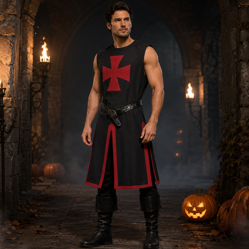Medieval Knight Costume Tunic with Crusader Cross Print and Split Hem Panels - Image 2