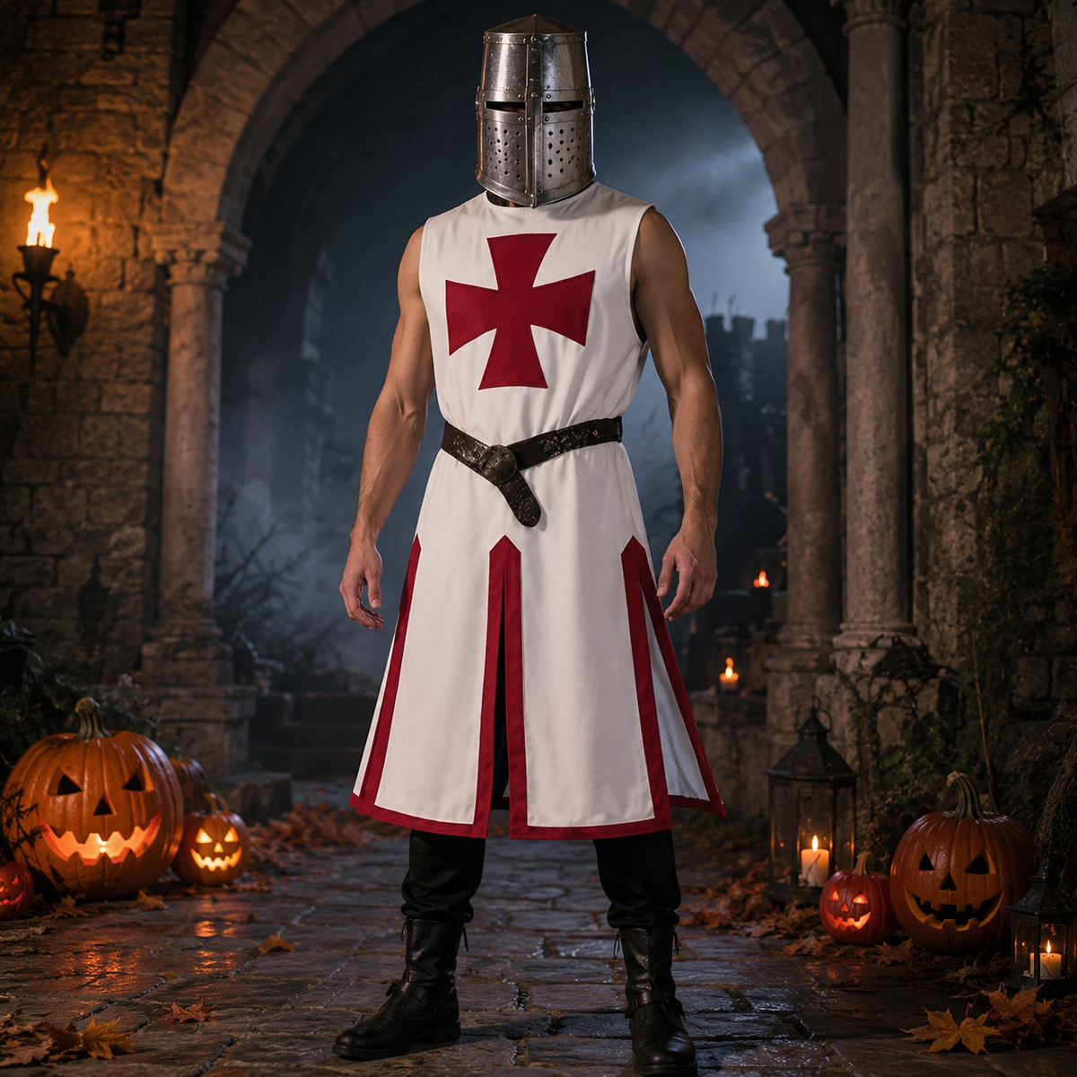 Medieval Knight Costume Tunic with Crusader Cross Print and Split Hem Panels - Image 3