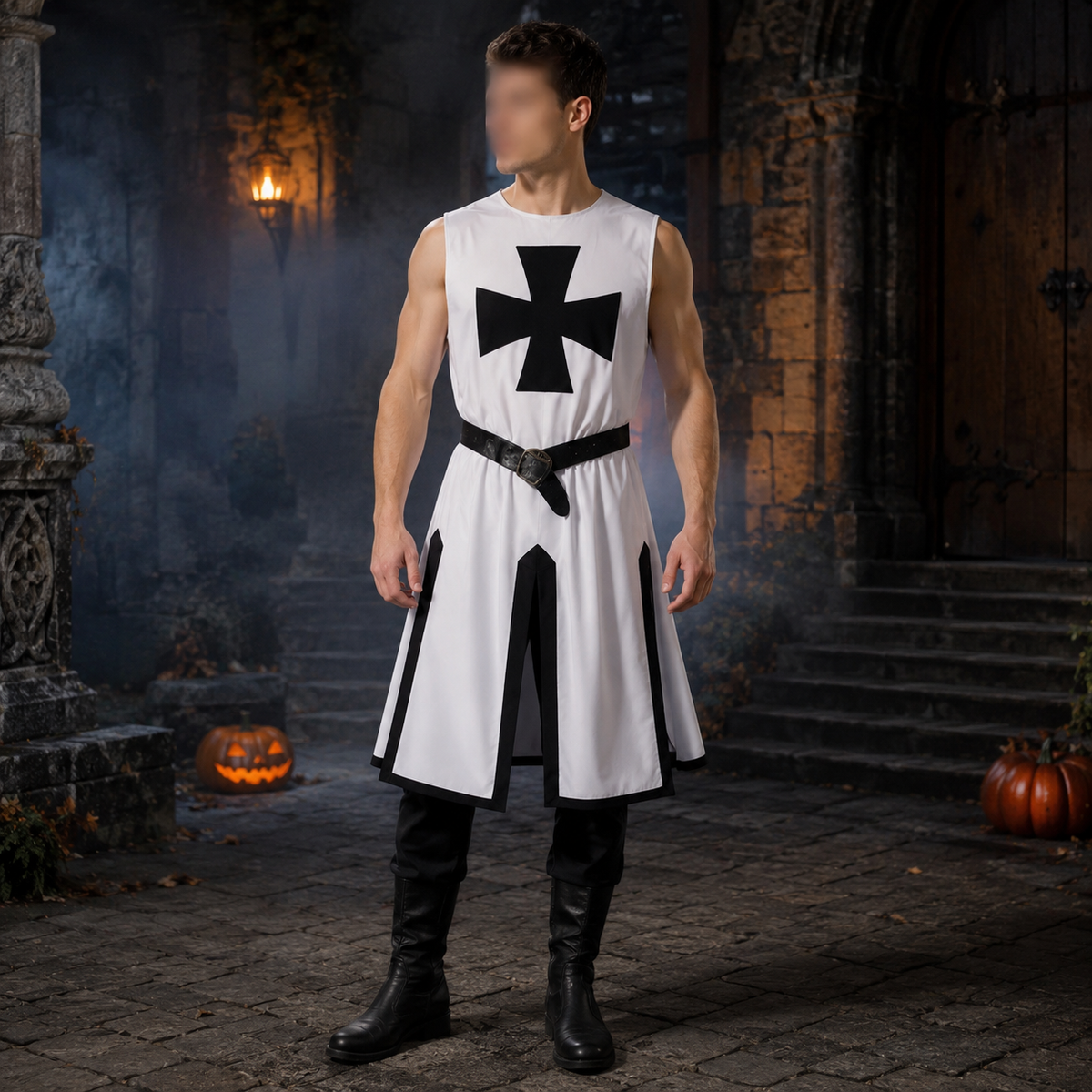 Medieval Knight Costume Tunic with Crusader Cross Print and Split Hem Panels - Image 4