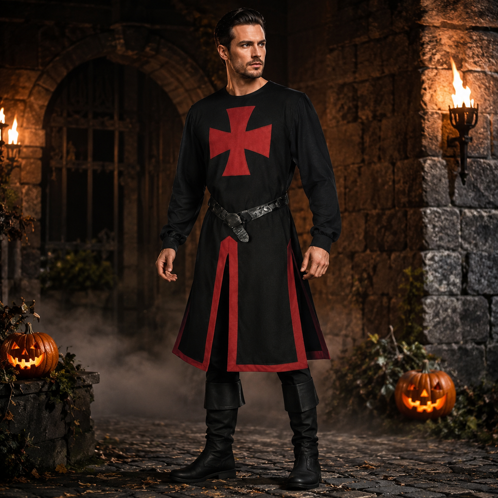 Medieval Knight Costume Tunic with Crusader Cross Print and Split Hem Panels - Image 5