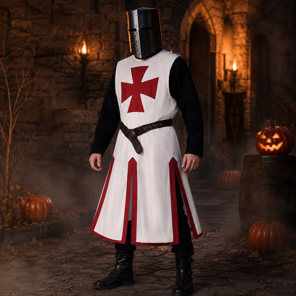 Medieval Knight Costume Tunic with Crusader Cross Print and Split Hem Panels - Image 6