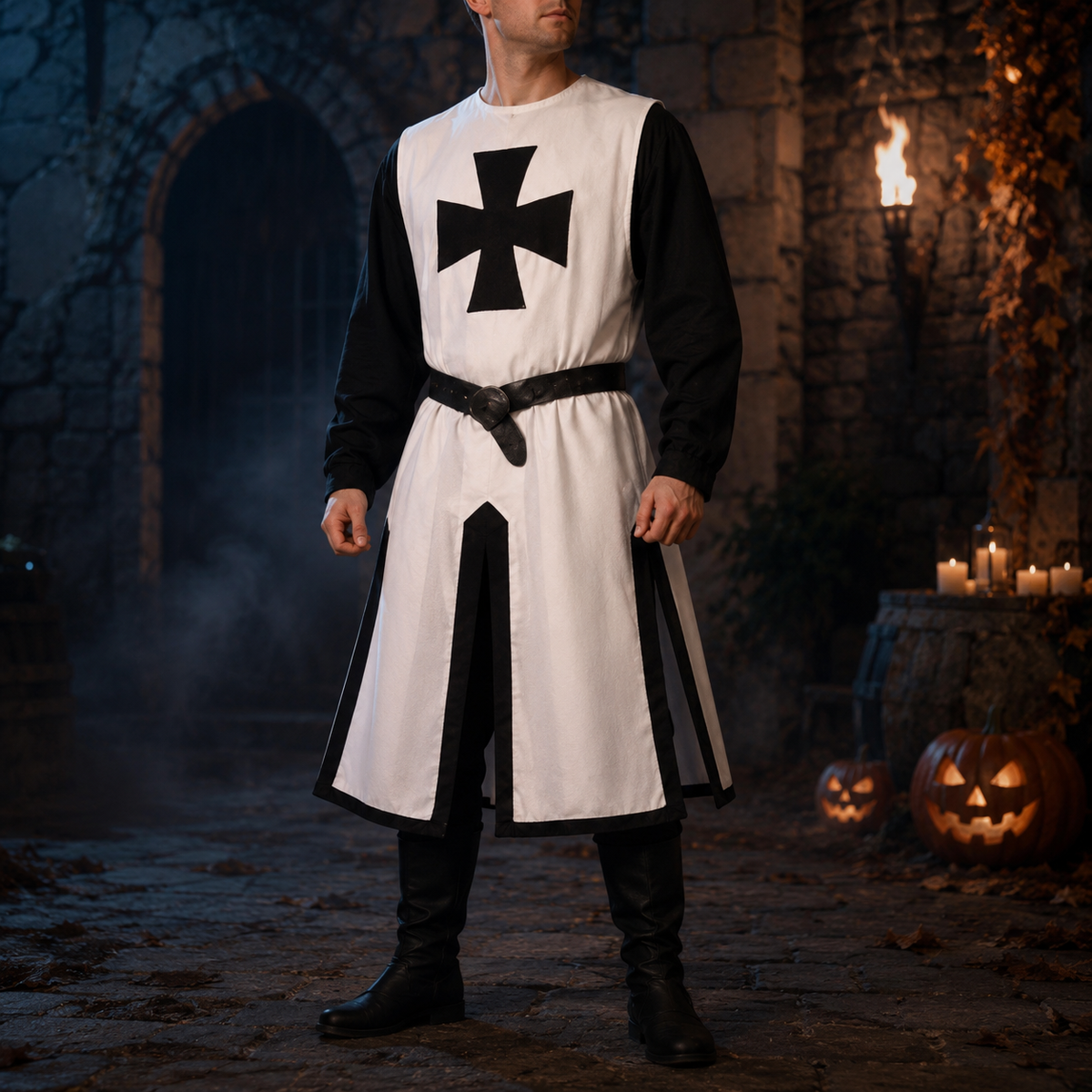 Medieval Knight Costume Tunic with Crusader Cross Print and Split Hem Panels - Image 7