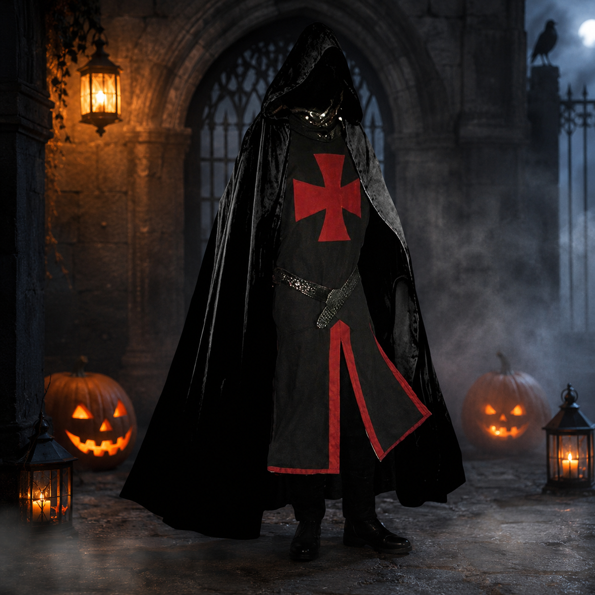 Medieval Knight Costume Tunic with Crusader Cross Print and Split Hem Panels - Image 8