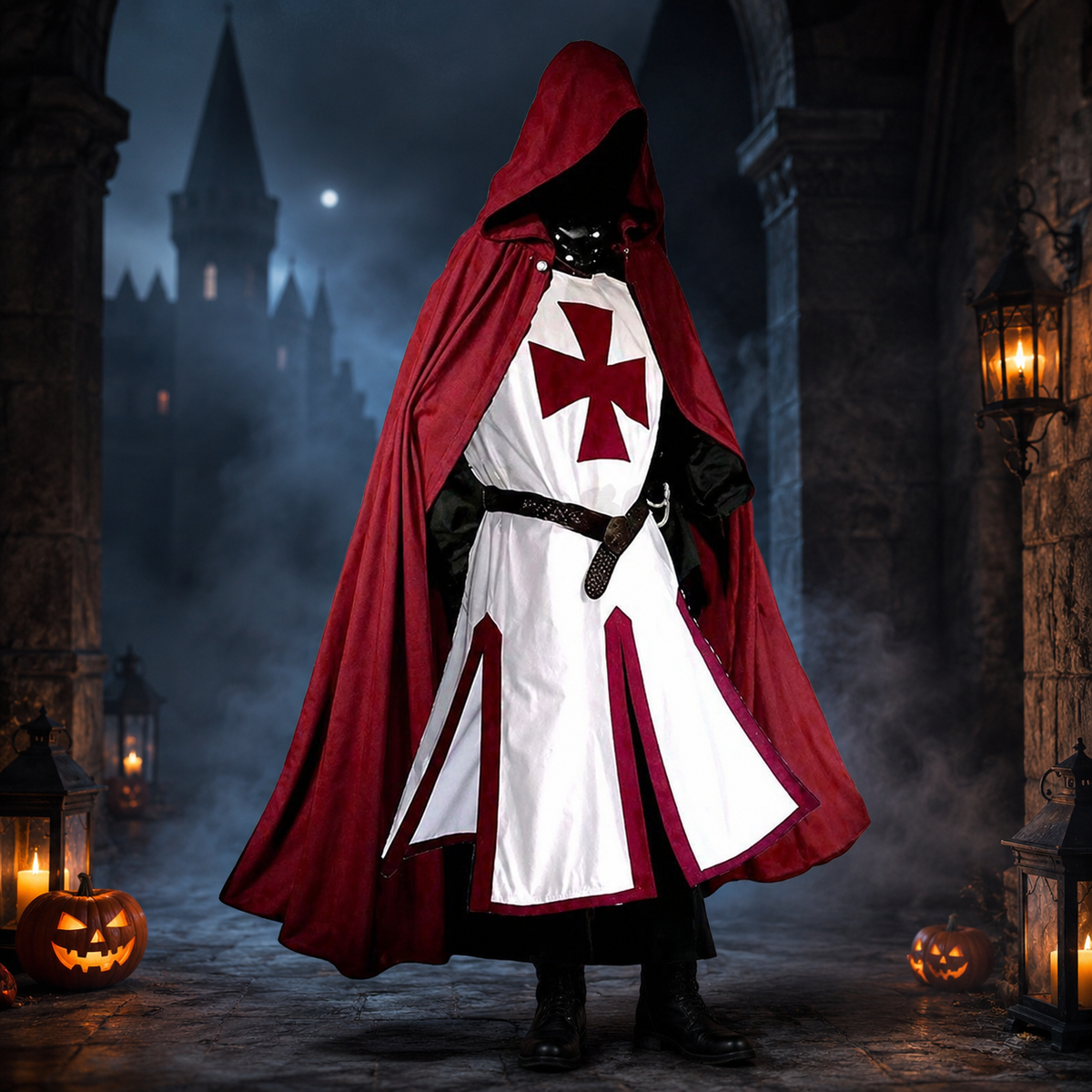 Medieval Knight Costume Tunic with Crusader Cross Print and Split Hem Panels - Image 9