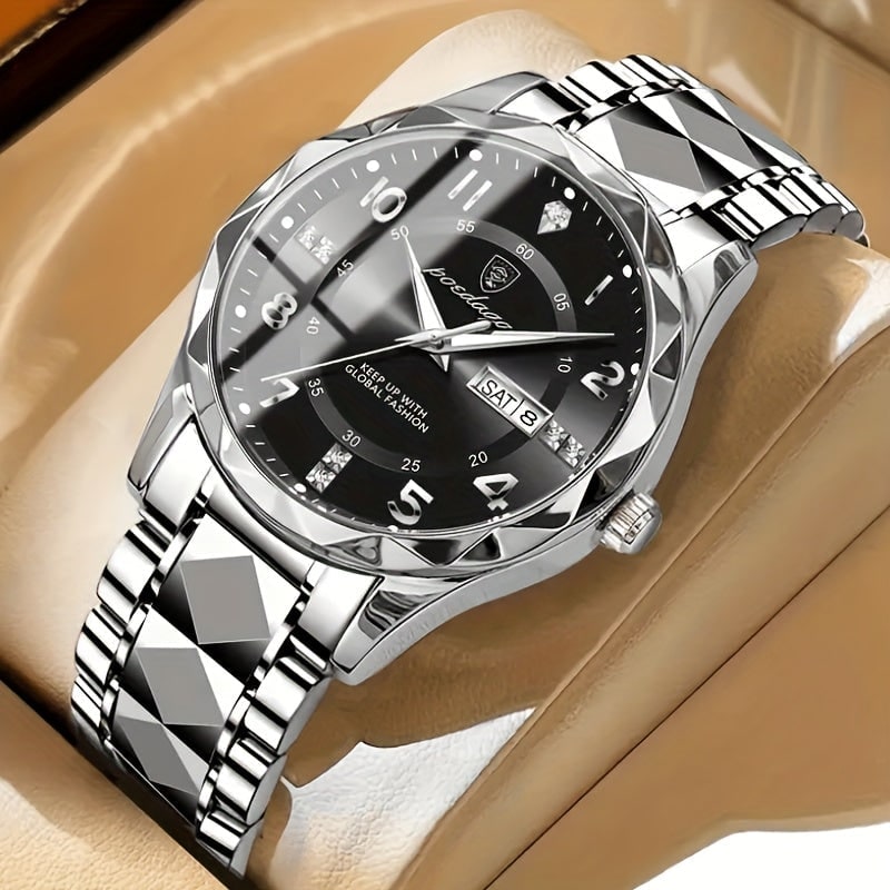 Men's Dress Watch Day Date Window Faceted Bezel and Sunburst - Image 10