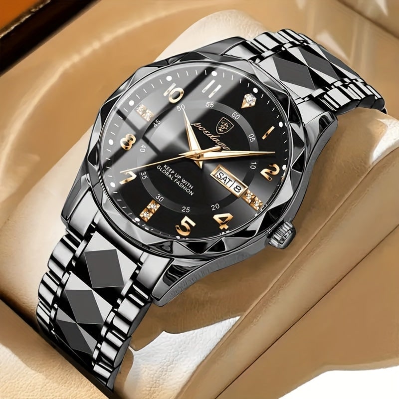 Men's Dress Watch Day Date Window Faceted Bezel and Sunburst - Image 11