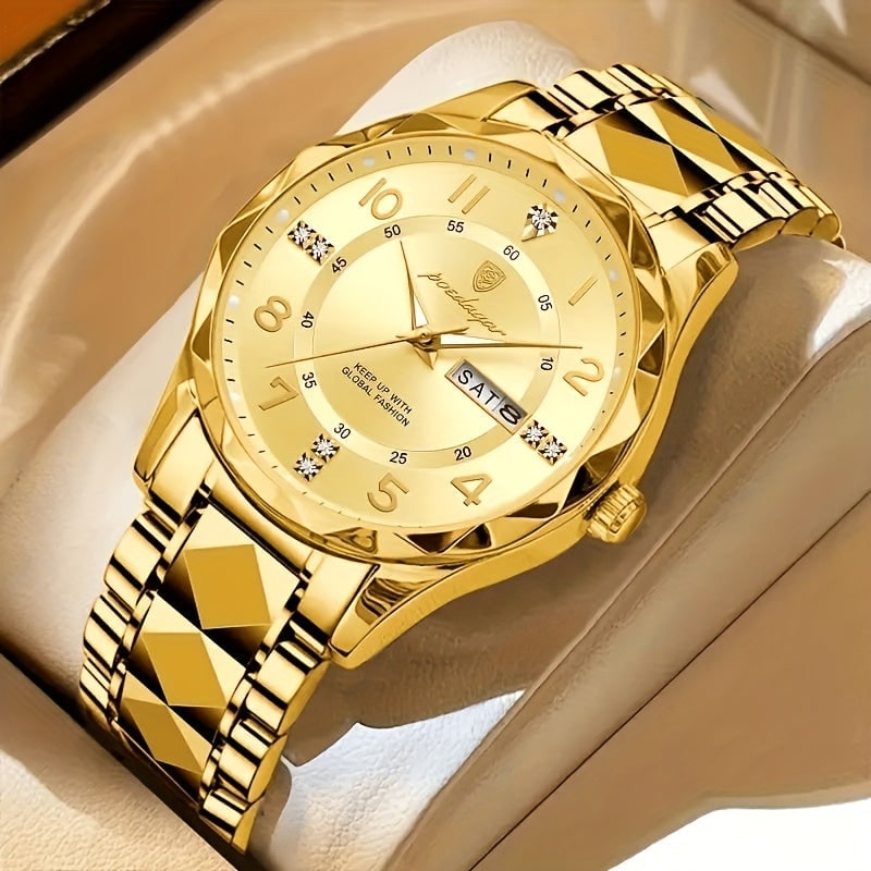 Men's Dress Watch Day Date Window Faceted Bezel and Sunburst - Image 12