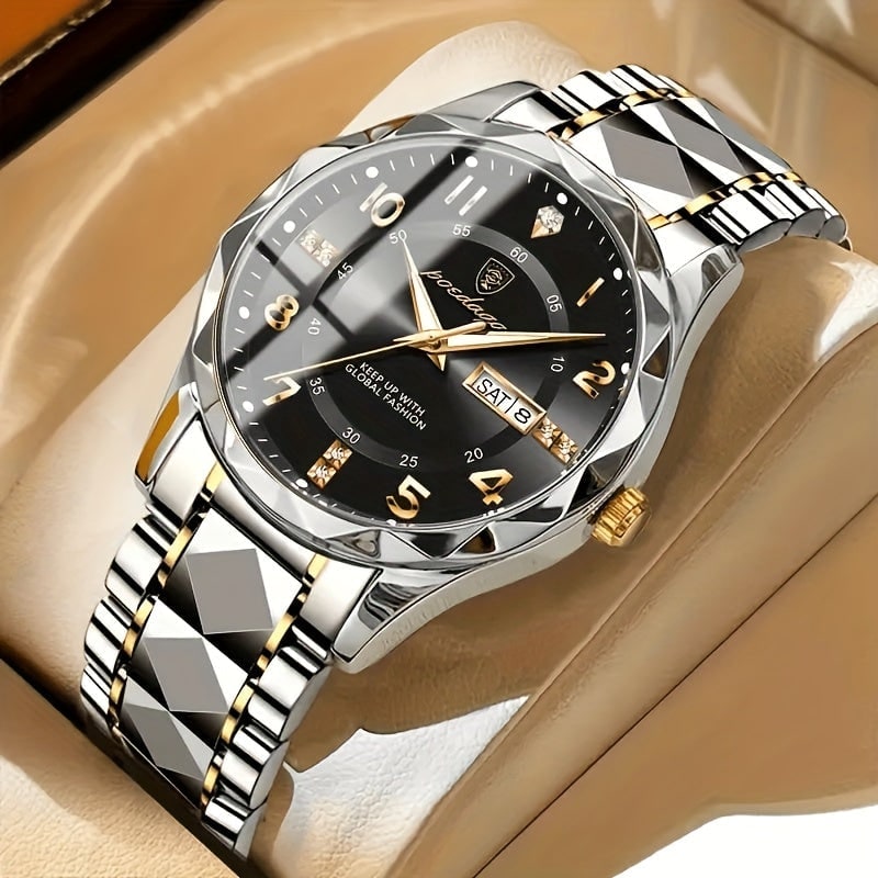 Men's Dress Watch Day Date Window Faceted Bezel and Sunburst - Image 2