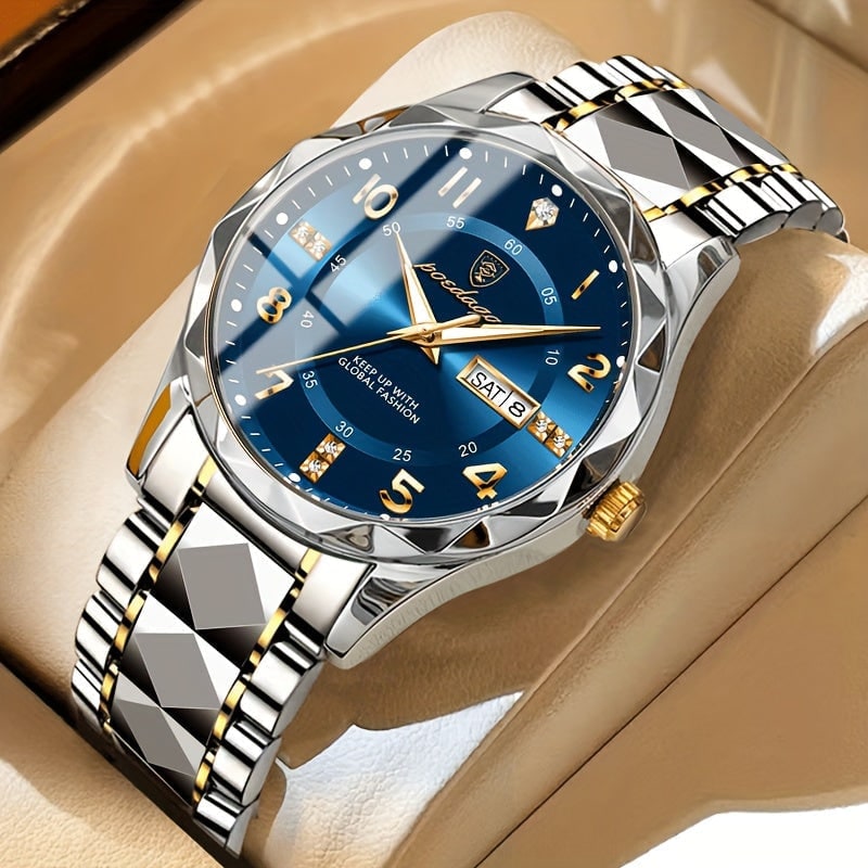 Men's Dress Watch Day Date Window Faceted Bezel and Sunburst - Image 4