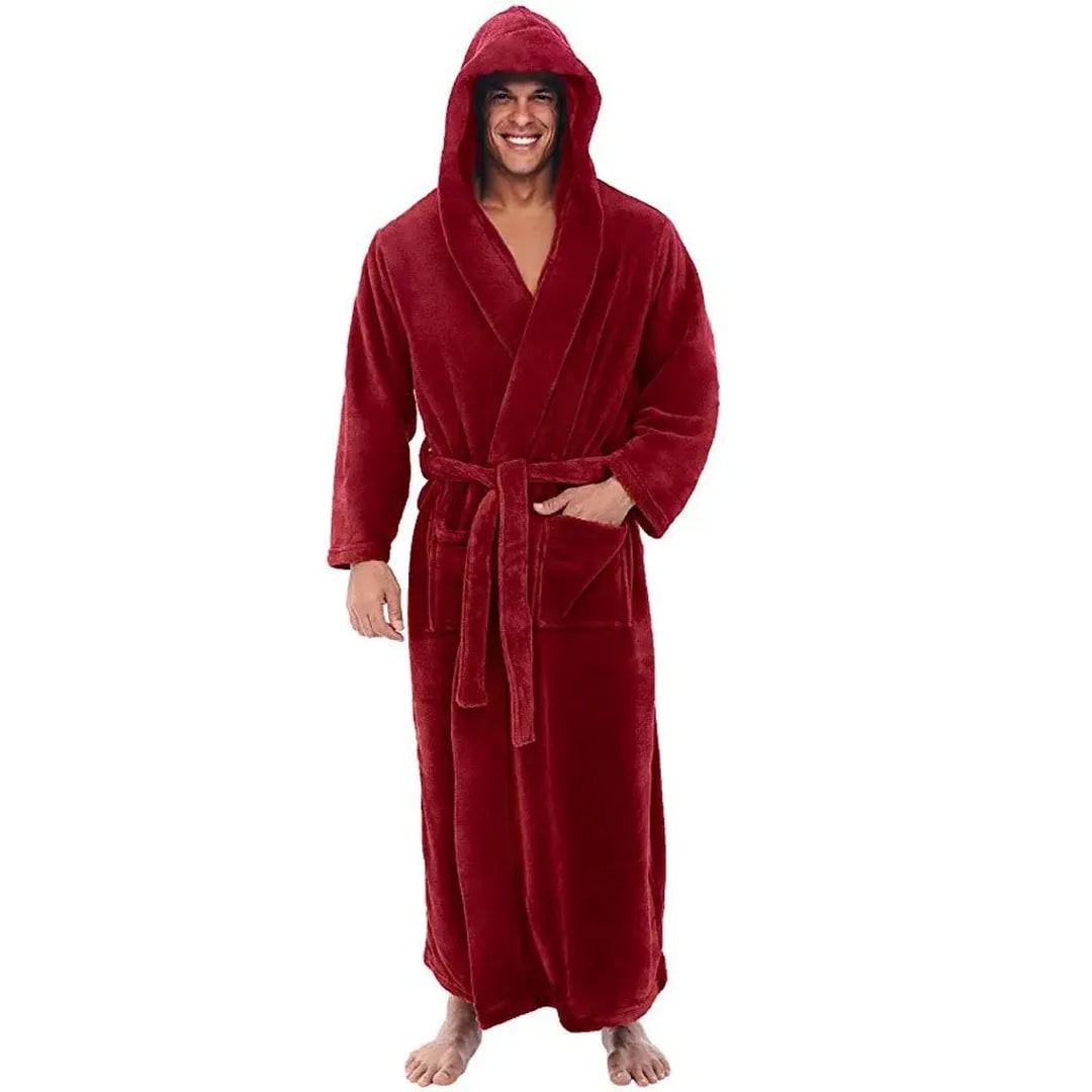 Men's Fleece Robe with Hood Long Hooded Bathrobe with Pockets and Belt - Image 1