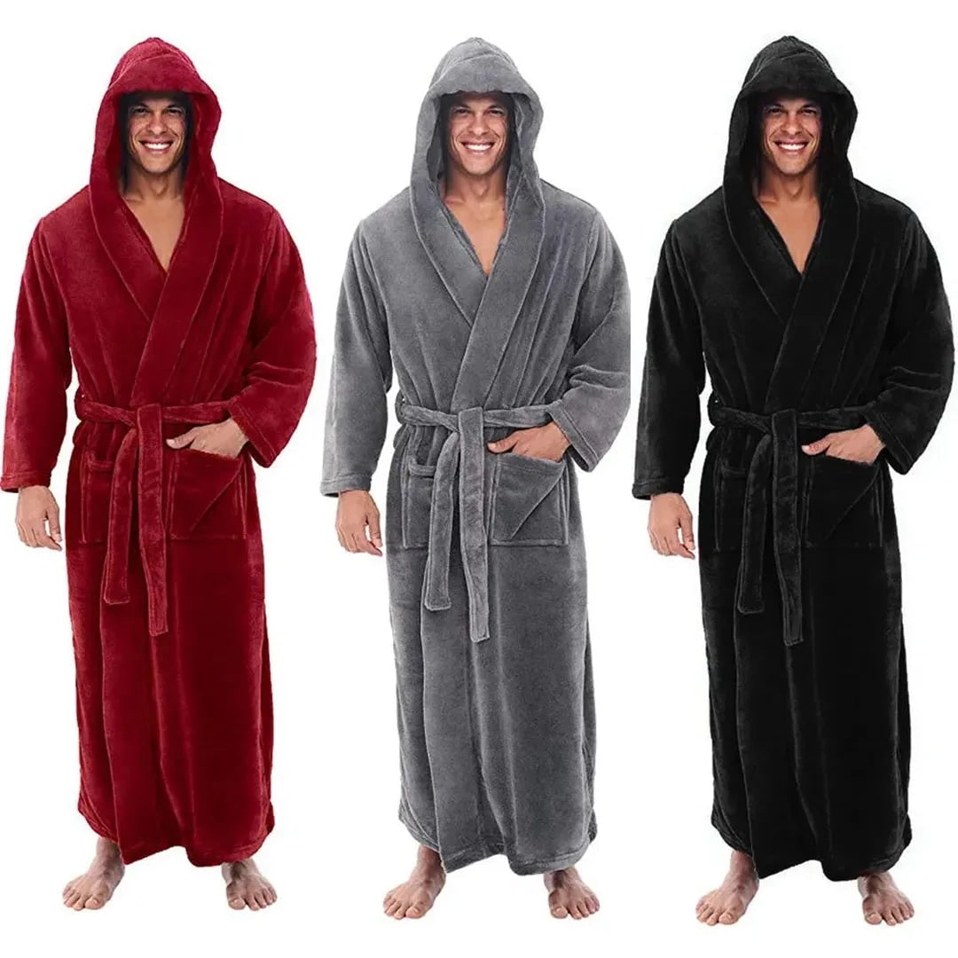 Men's Fleece Robe with Hood Long Hooded Bathrobe with Pockets and Belt - Image 2