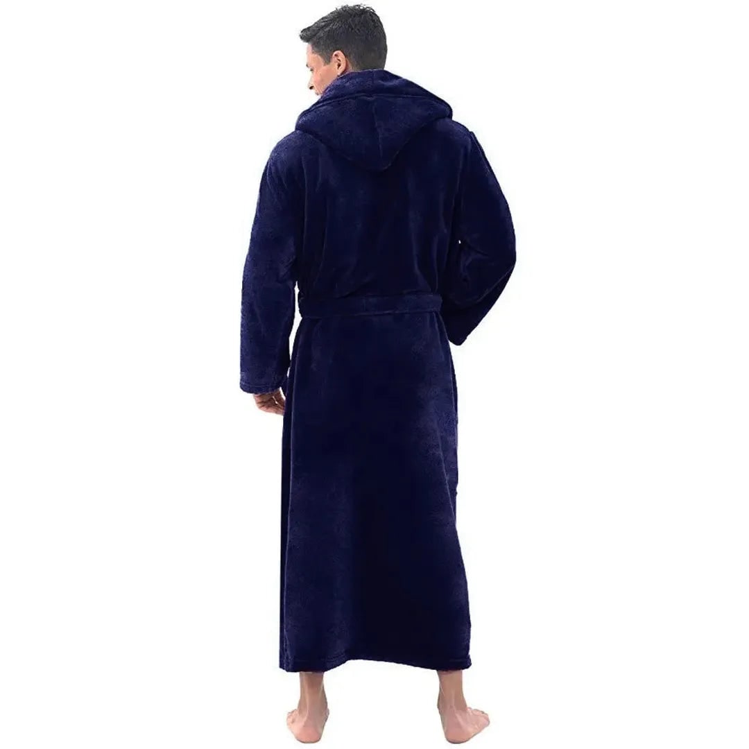 Men's Fleece Robe with Hood Long Hooded Bathrobe with Pockets and Belt - Image 3