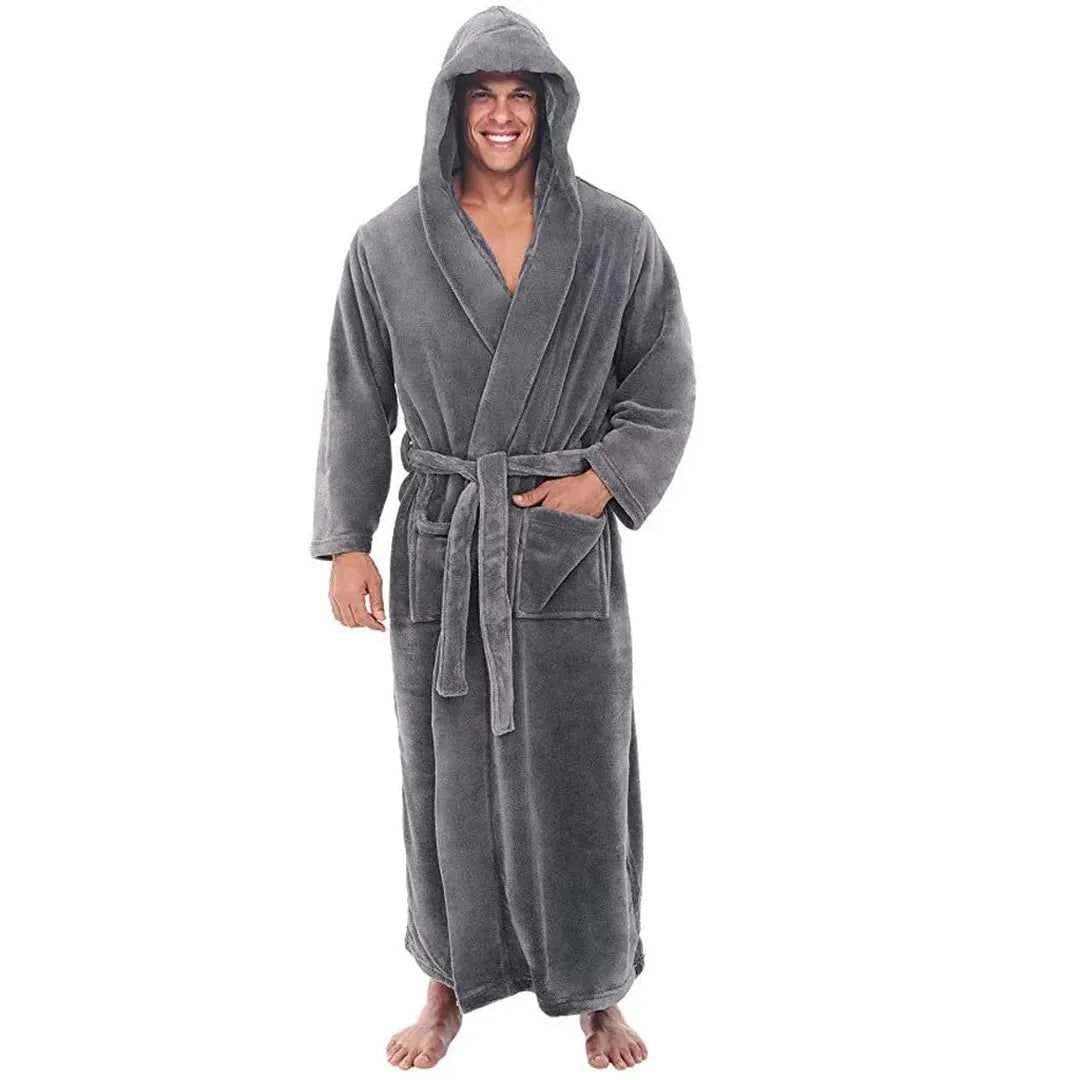 Men's Fleece Robe with Hood Long Hooded Bathrobe with Pockets and Belt - Image 4