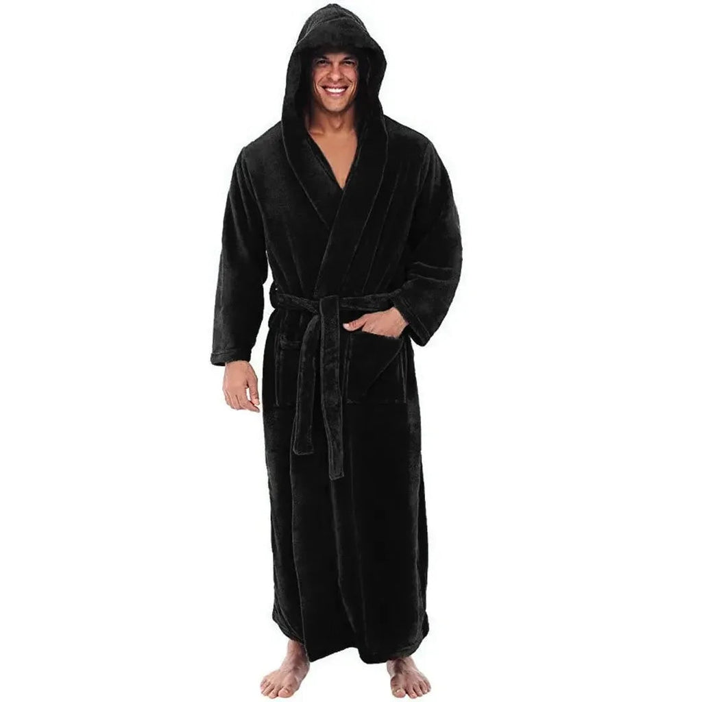 Men's Fleece Robe with Hood Long Hooded Bathrobe with Pockets and Belt - Image 5