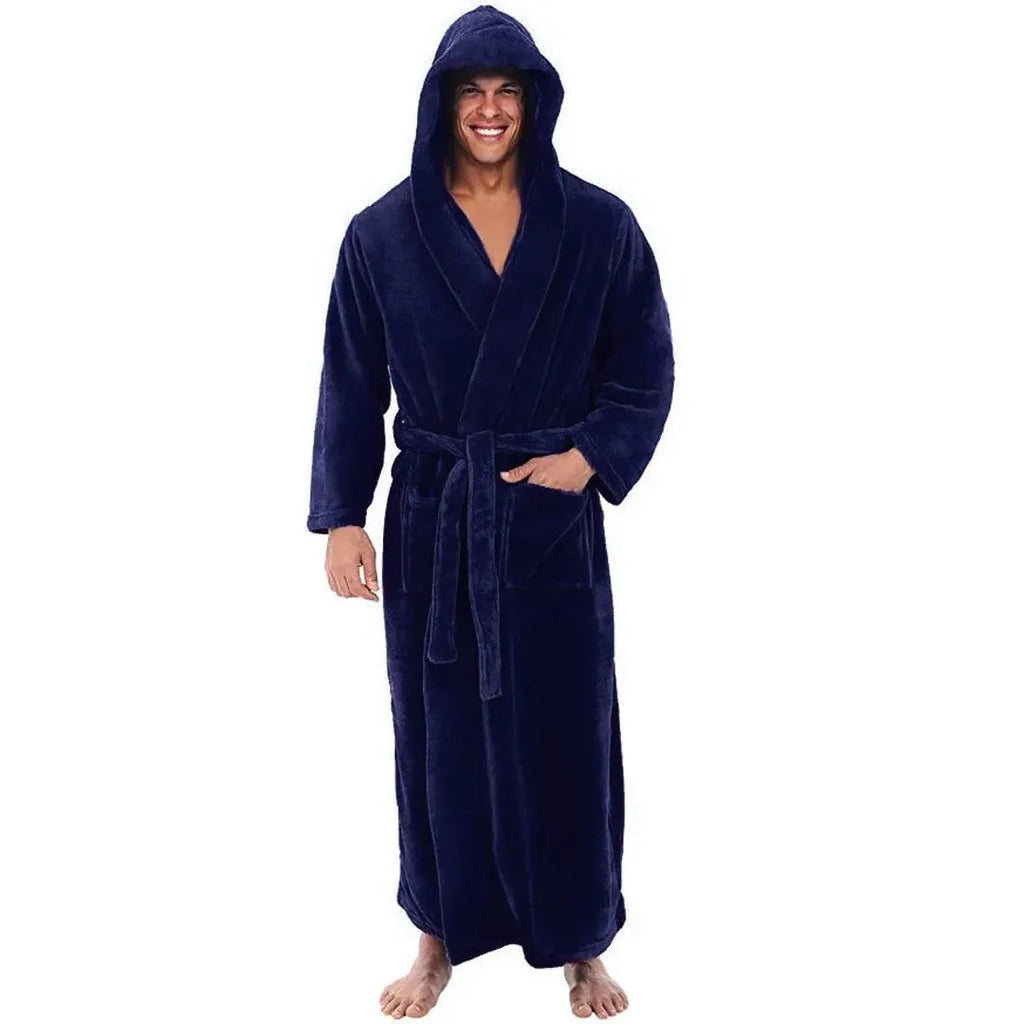 Men's Fleece Robe with Hood Long Hooded Bathrobe with Pockets and Belt - Image 6