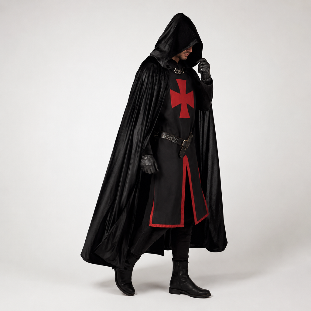 Men's Halloween Medieval Knight Costume with Templar Cross Tunic and Hooded Cape - Image 1