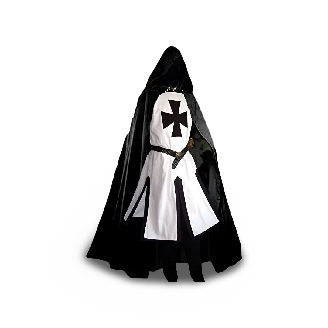 Men's Halloween Medieval Knight Costume with Templar Cross Tunic and Hooded Cape - Image 10
