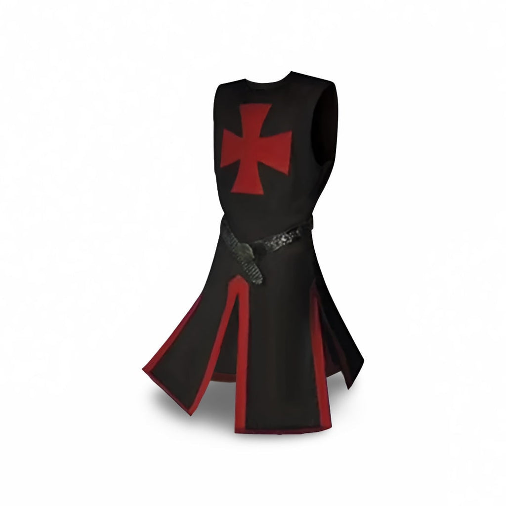 Men's Halloween Medieval Knight Costume with Templar Cross Tunic and Hooded Cape - Image 2
