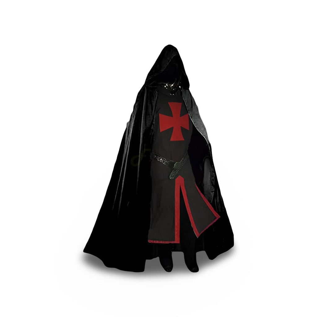 Men's Halloween Medieval Knight Costume with Templar Cross Tunic and Hooded Cape - Image 4