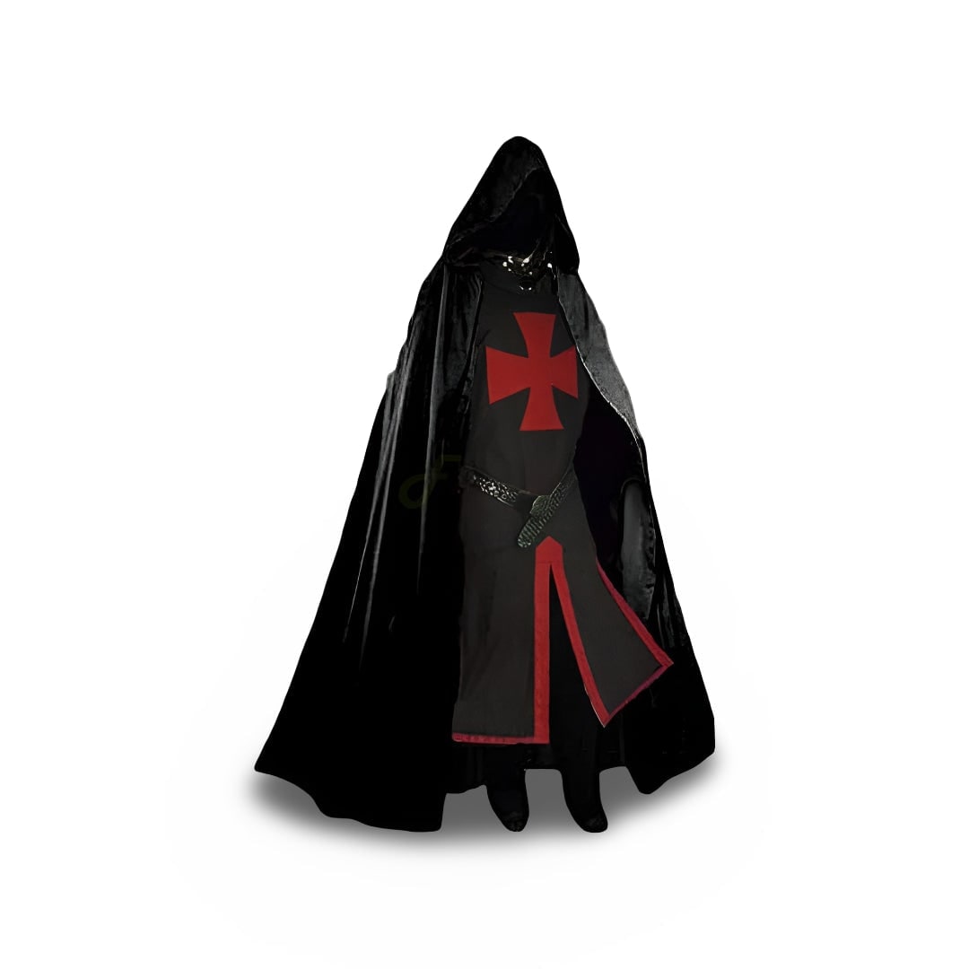 Men's Halloween Medieval Knight Costume with Templar Cross Tunic and Hooded Cape - Image 4