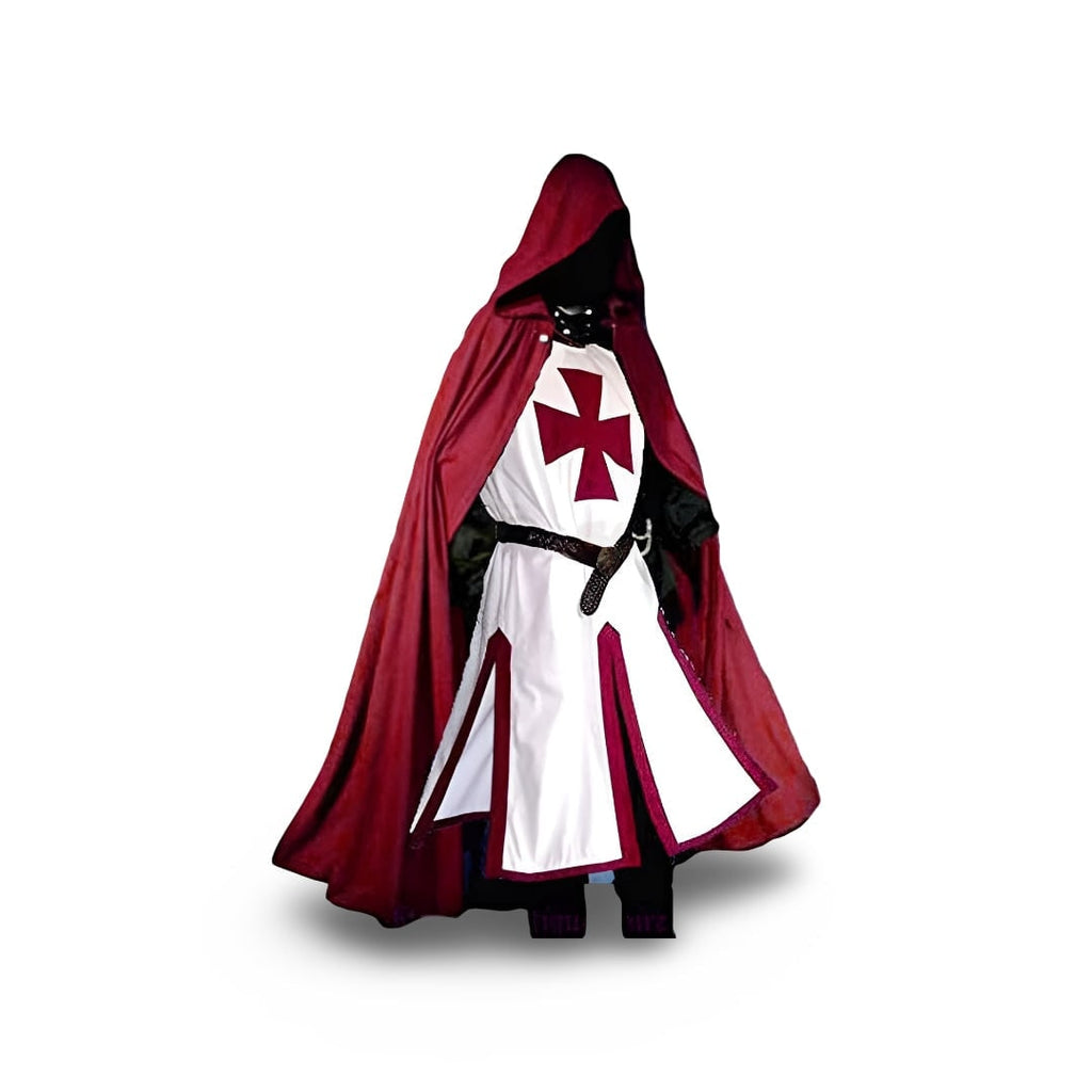 Men's Halloween Medieval Knight Costume with Templar Cross Tunic and Hooded Cape - Image 7