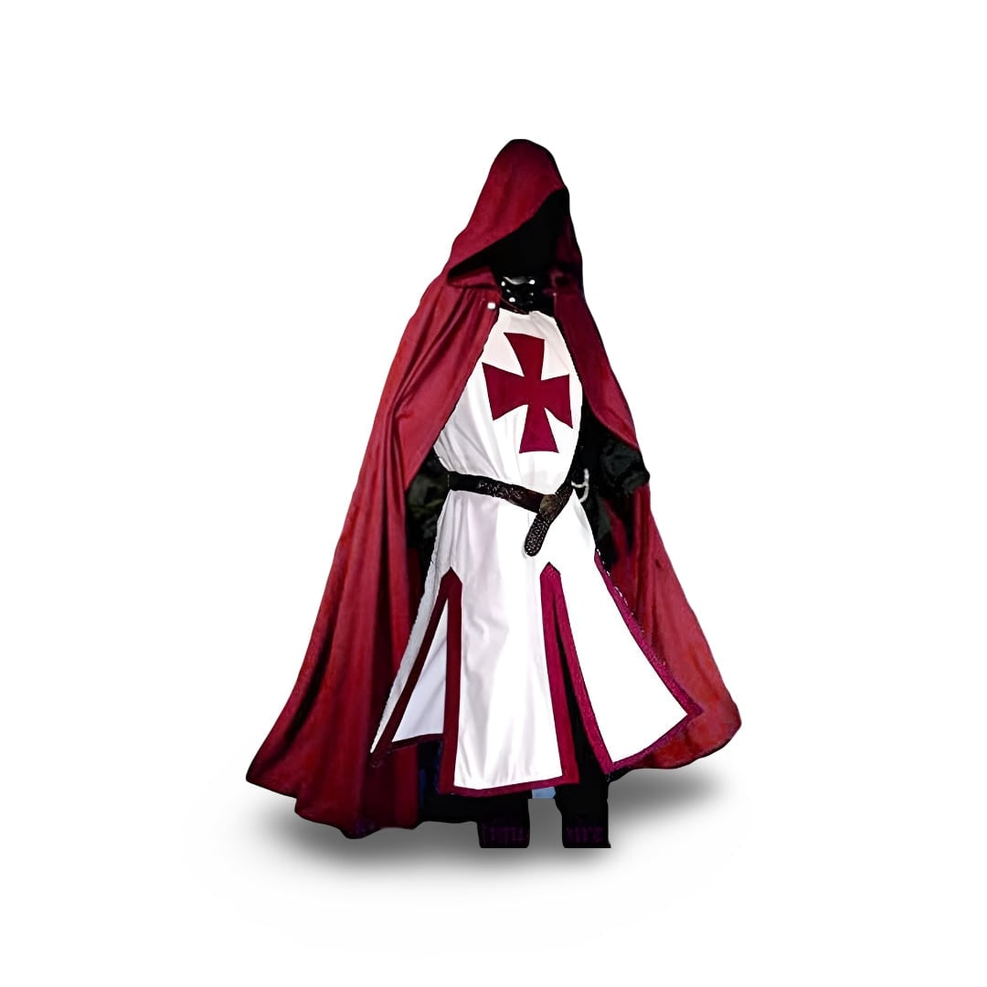 Men's Halloween Medieval Knight Costume with Templar Cross Tunic and Hooded Cape - Image 7